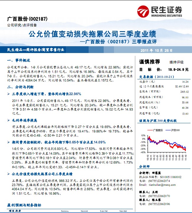 广百股份-002187-三季报公允价值变动损失拖累公司业绩