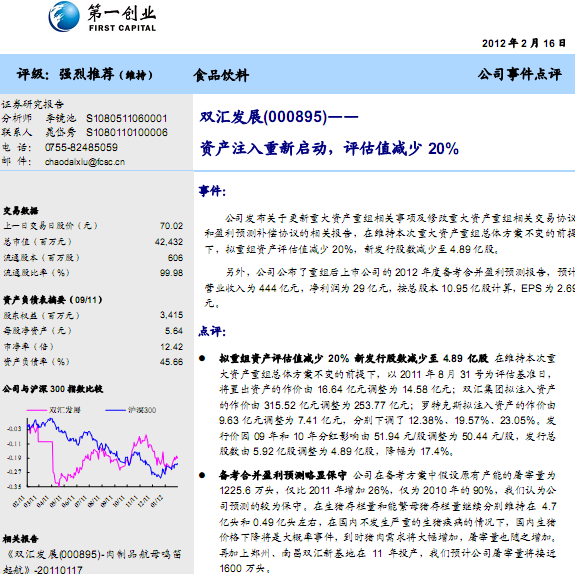 双汇发展-000895-资产注入重新启动,评估值减少20%