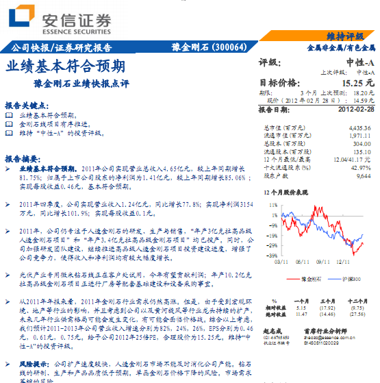 豫金刚石-300064-业绩基本符合预期