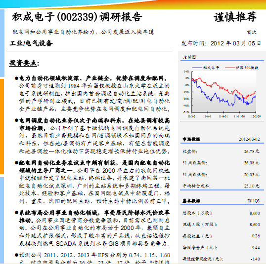 积成电子-002339-调研报告:配电网和公用事业自动化齐给力