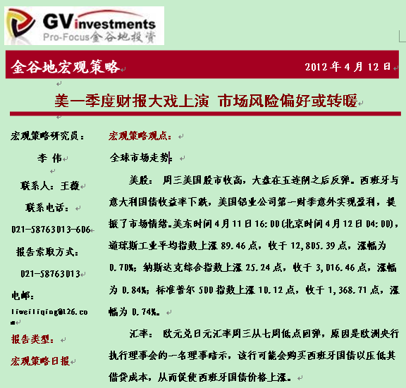 研究报告:美一季度财报大戏上演 市场风险偏好或转暖