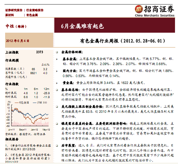 有色金属行业研究报告:有色金属行业周报(2012.05.28~06.01):6月金属难有起色