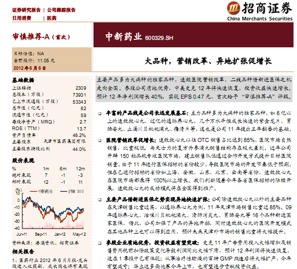中新药业-600329-大品种,营销改革、异地扩张促增长