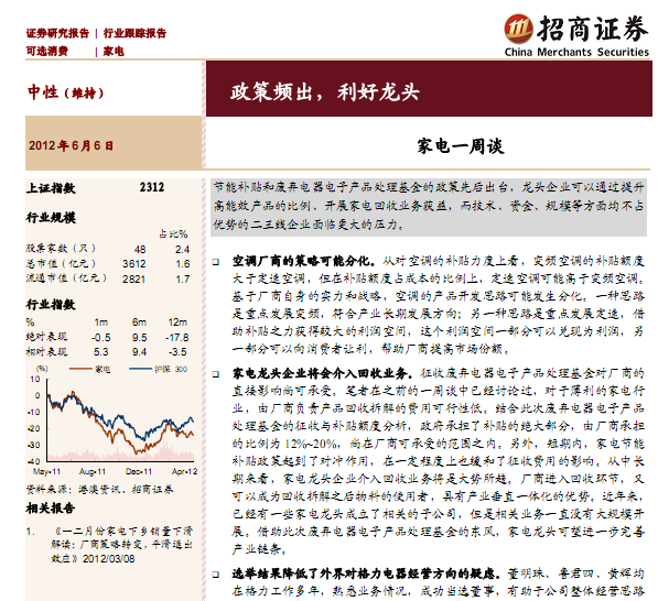 家电行业研究报告:家电行业一周谈:政策频出,利好龙头